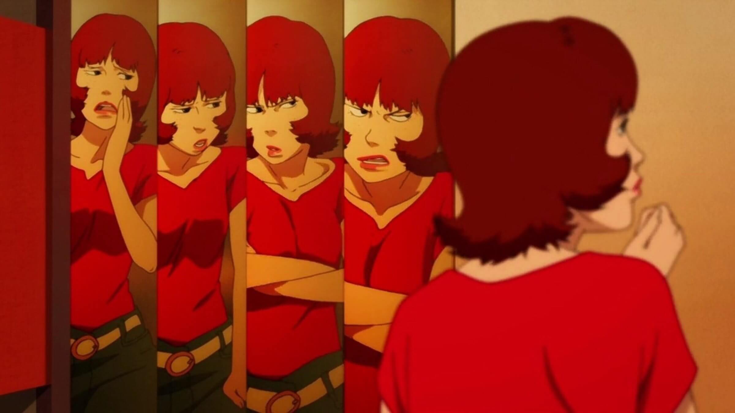 An animated girl with short brown hair and a red shirt looking into a mirror in 'Paprika,' It Was Never Just for Kids: The 25 Best Animated Films Made for Adults