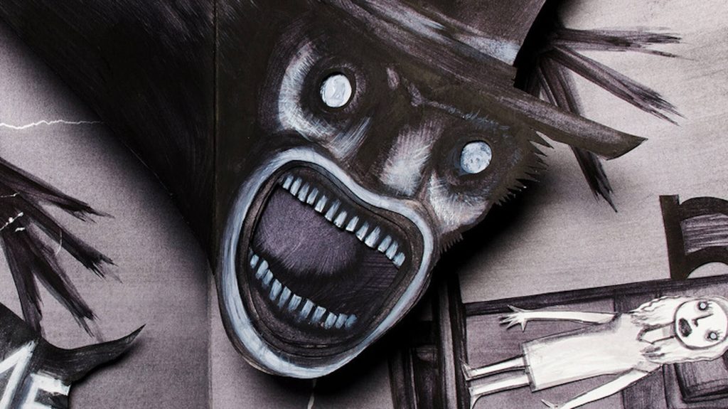 The Babadook scaring a sleeping woman in a book in 'The Babadook,' Script Collection: Frightening Fantasies Through Supernatural Horror